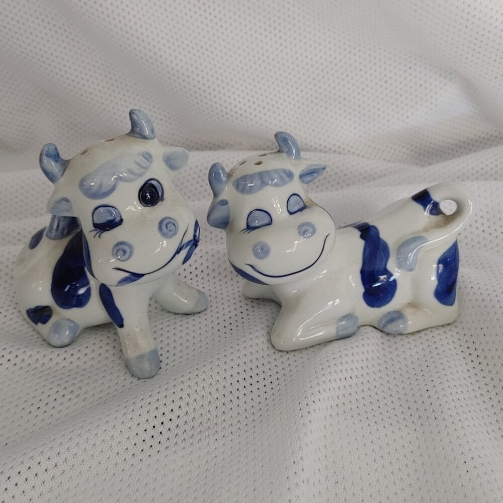 Vintage Enesco Ceramic Blue and White Cow Figurines